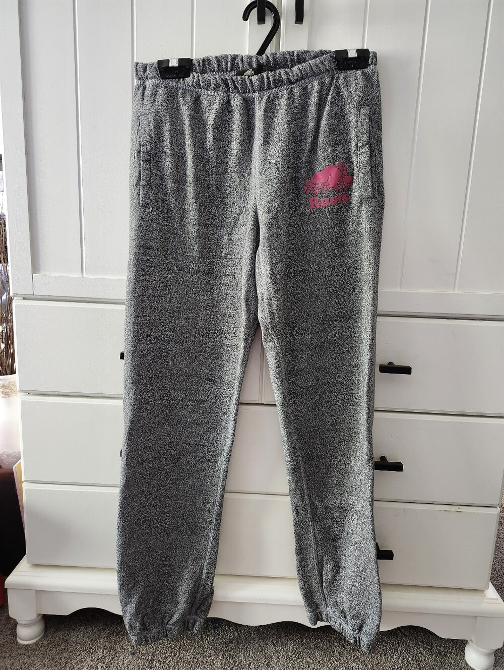 Womens Gray Fleece Jogger Sweatpants with Pink Logo Pockets Sx Xs